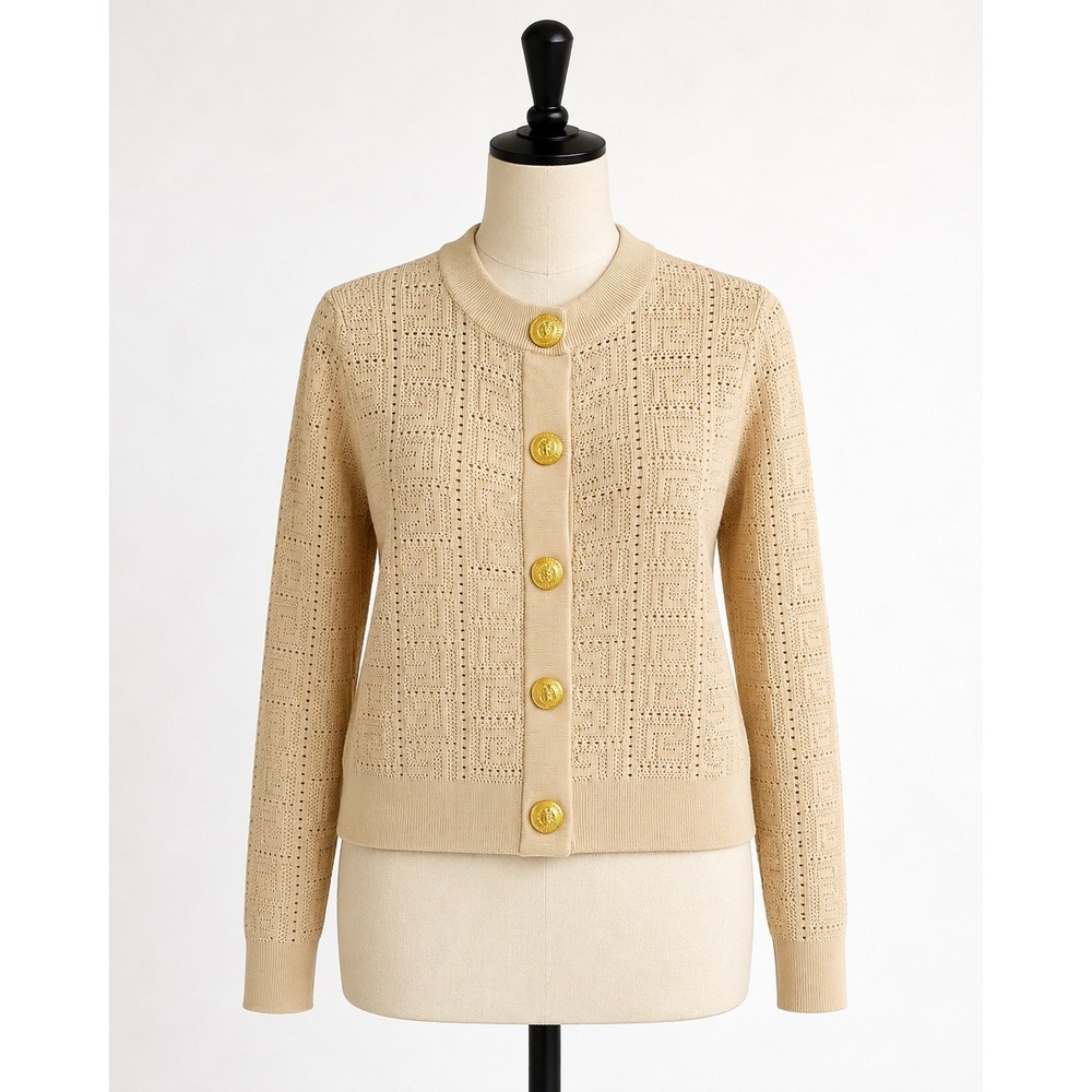 Sierra Darien Cardigan Women L Beige Lion Head Button Pointelle Quiet Luxury